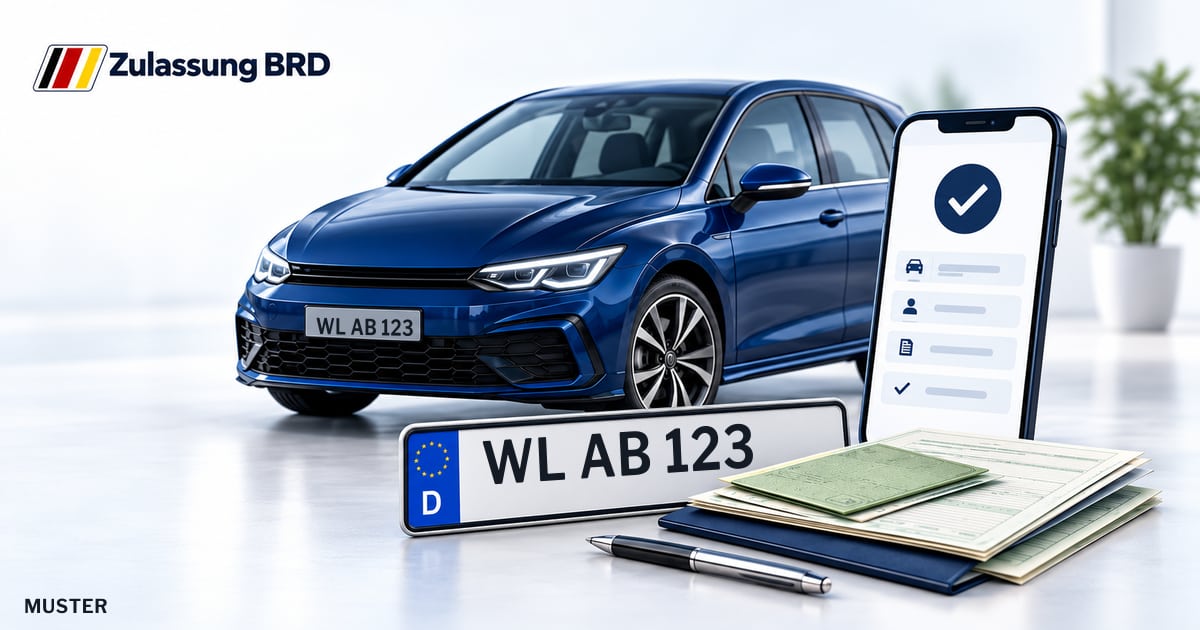 Online Fahrzeugzulassung in Seevetal: Musterkennzeichen WL AB 123, Auto und Fahrzeugpapiere und Smartphone. Illustration mit Logo von Zulassung BRD.